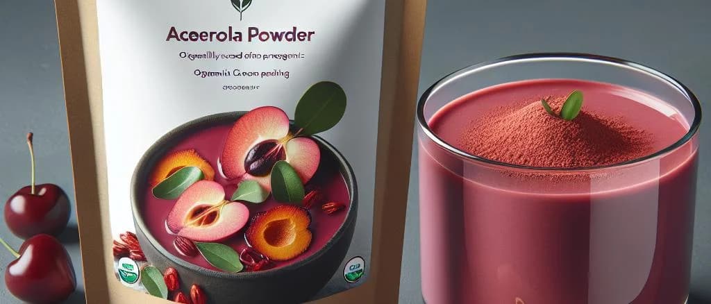 acerola powder packaging variations on a neutral background
