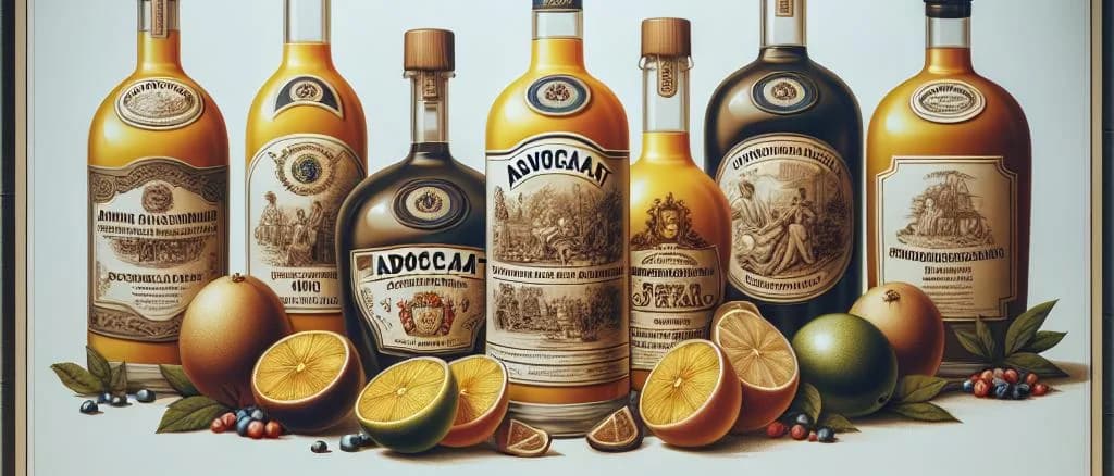 Various bottles of Advocaat liqueur with different packaging and labels on a wooden table