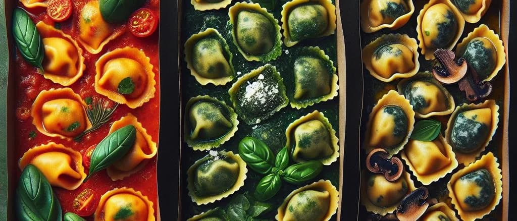 Agnolotti pasta varieties with different fillings and packaging on a wooden table