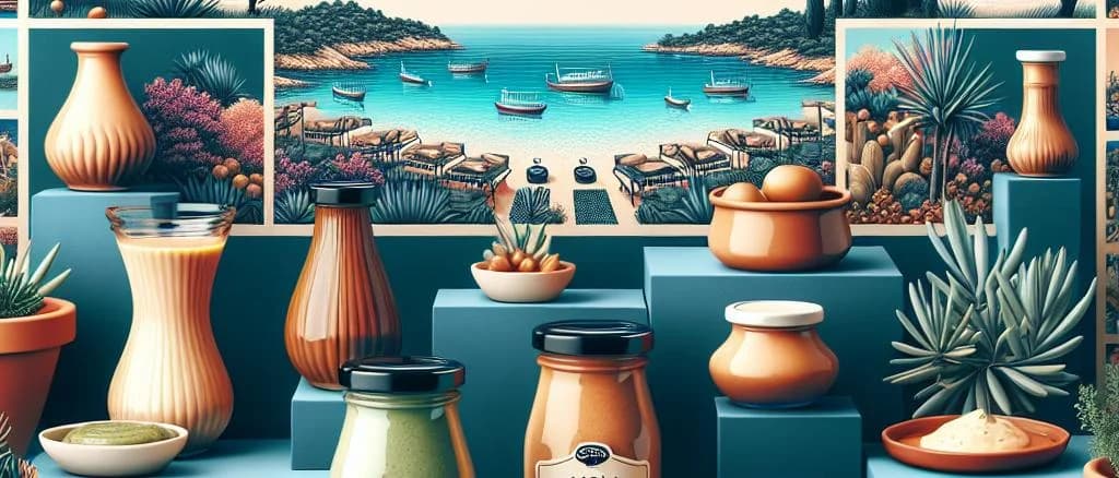 Various aioli sauce jars with different flavors and packaging on a rustic wooden table