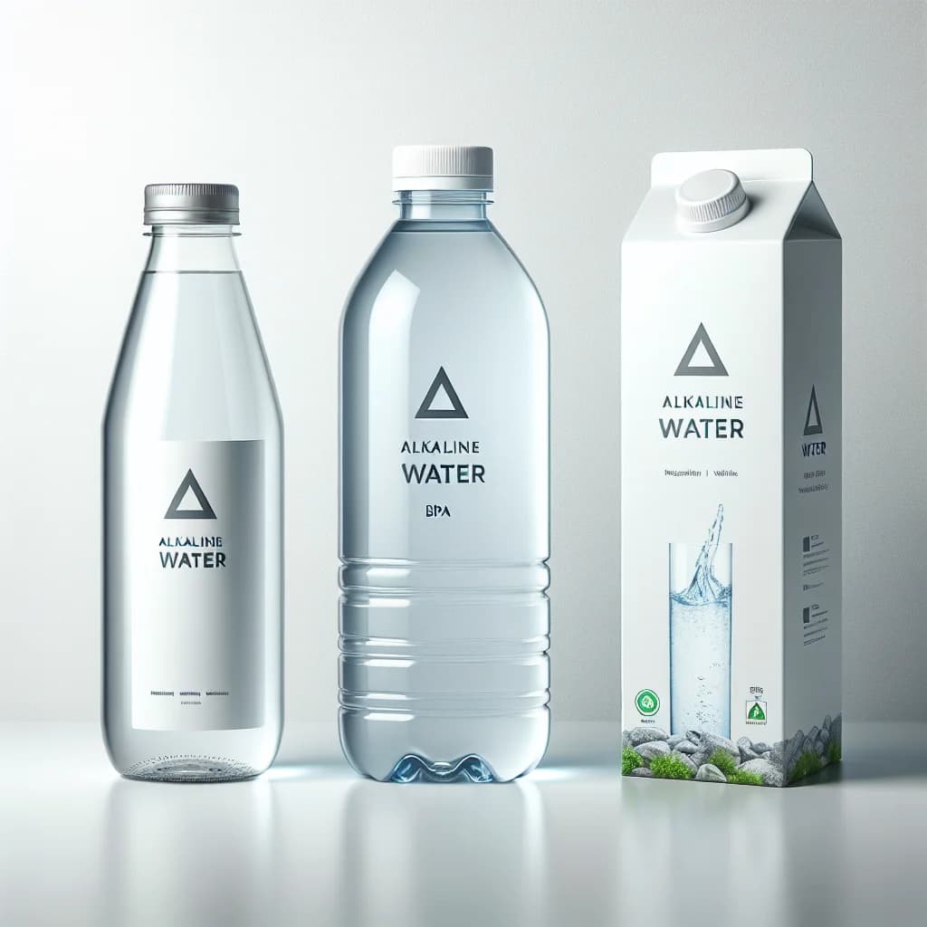 alkaline water bottles in various packaging options displayed on a clean, white background