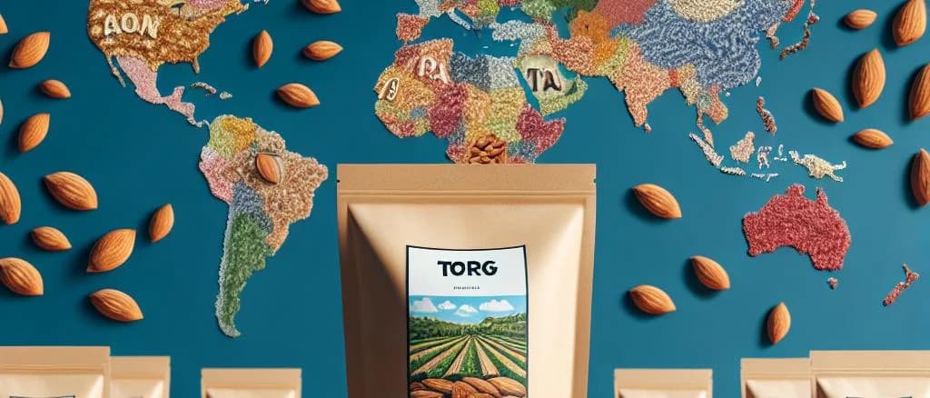 Assorted almond flakes in various packaging options on a wooden background