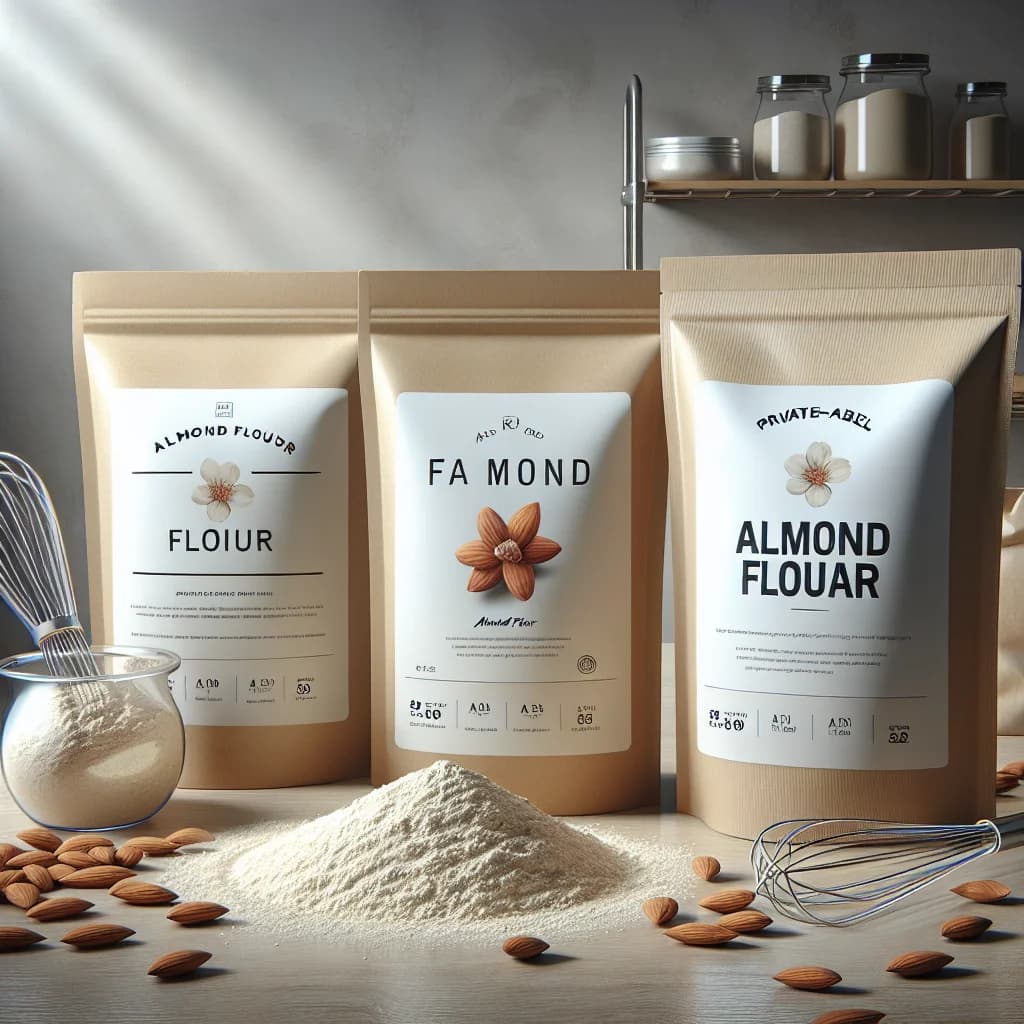 almond flour packaging with multiple variations on a kitchen counter