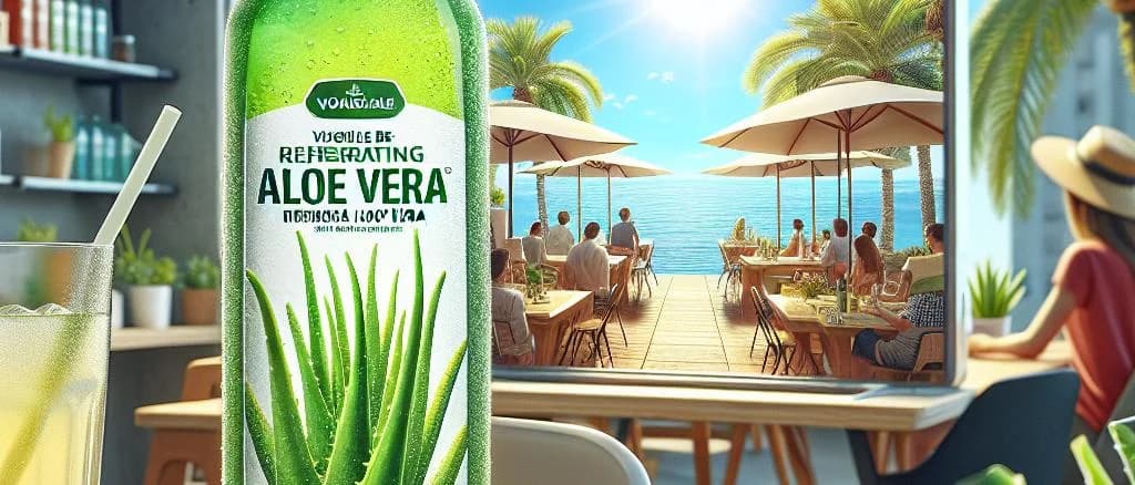 Aloe vera drink bottles with various packaging designs on a neutral background