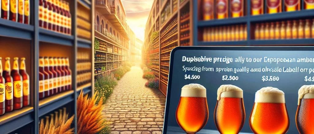 Various amber beer bottles with labels showcasing different brands and packaging styles on a rustic wooden table background.