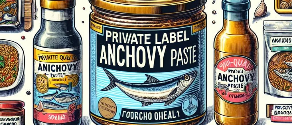 Various anchovy paste packaging on rustic wooden background
