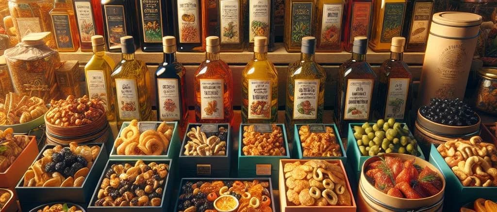 Assorted antipasti dishes including bruschetta, stuffed olives, and marinated artichokes on a rustic wooden table