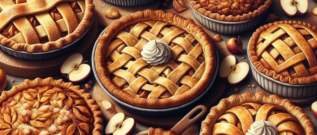 Assorted apple pies on wooden table with rustic background