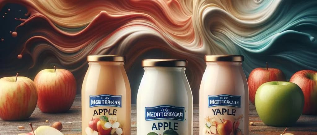 Assorted apple yogurt variations in diverse packaging on wooden table