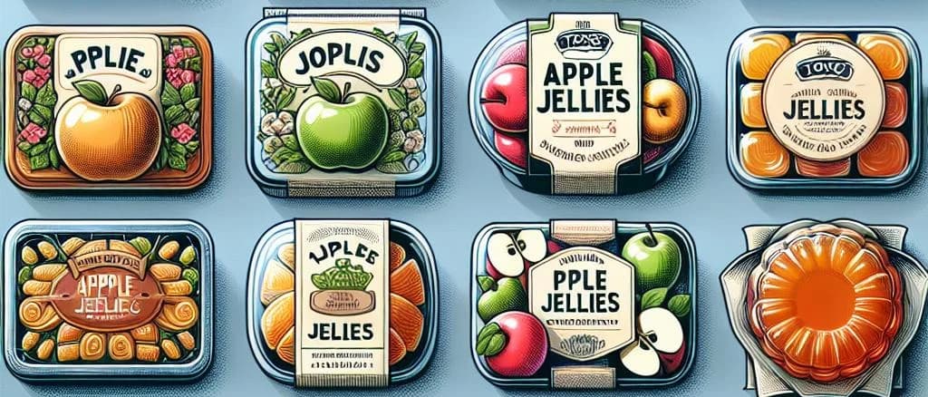 varied apple jellies displayed with different packaging on a wooden background