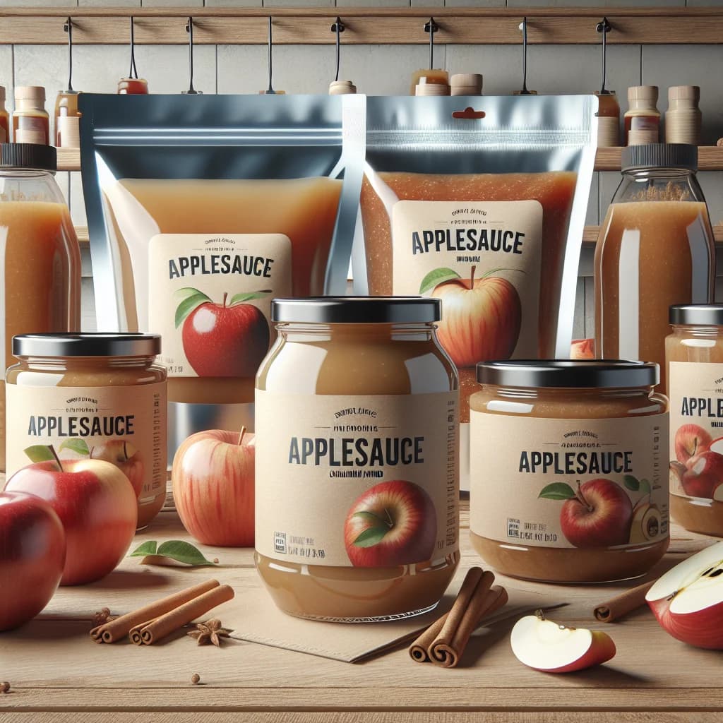 Various applesauce jars and pouches in different flavors on a clean wooden countertop with apples and cinnamon sticks in the background, ideal for wholesale and private label sourcing