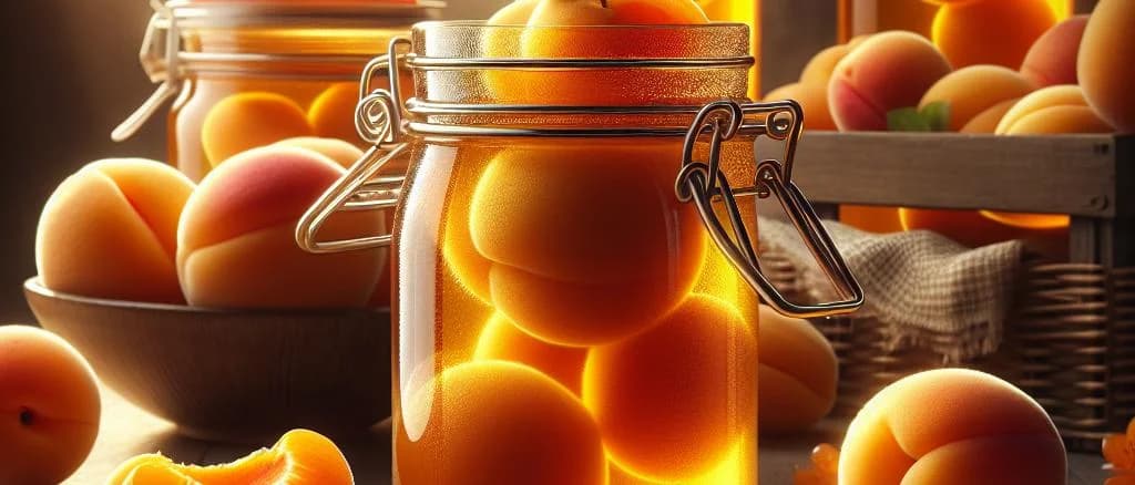 Various apricot compote jars with different packaging on a minimalist background