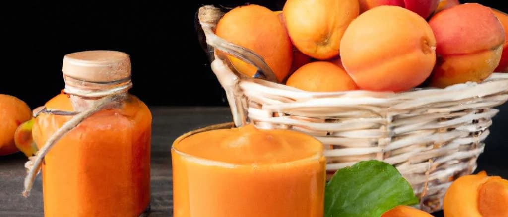 various apricot coulis bottles with stylish labels on rustic kitchen counter