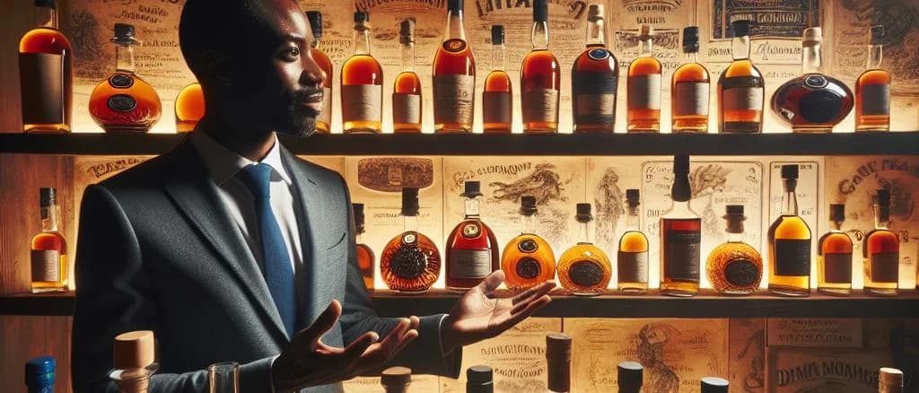 Assorted Armagnac bottles with various packaging styles on a rustic wooden table