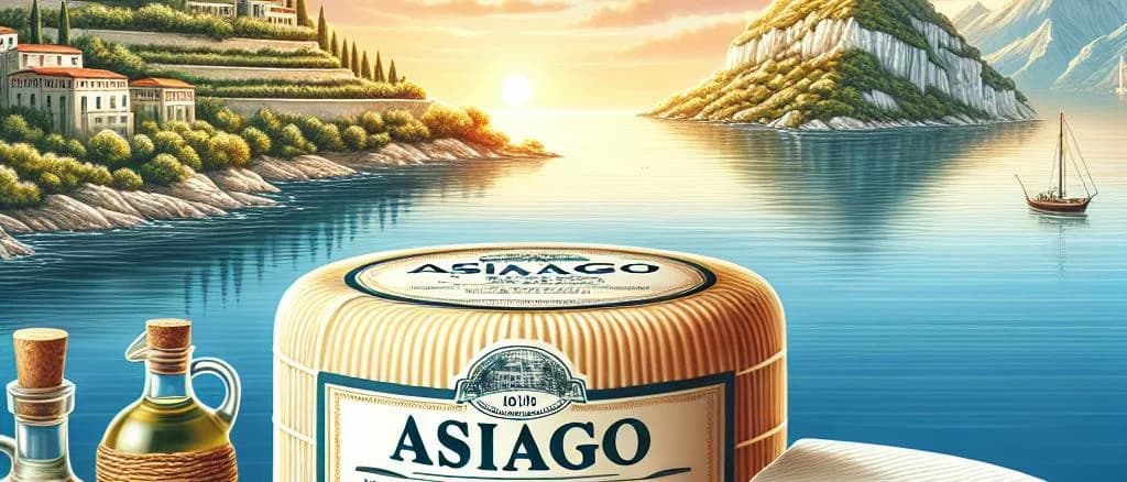 assorted Asiago cheese variations arranged on a rustic wooden board, showcasing different aging stages and packaging options