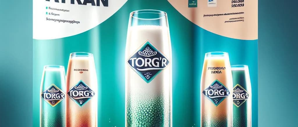 Ayran beverage variations with different packaging on a rustic wooden background