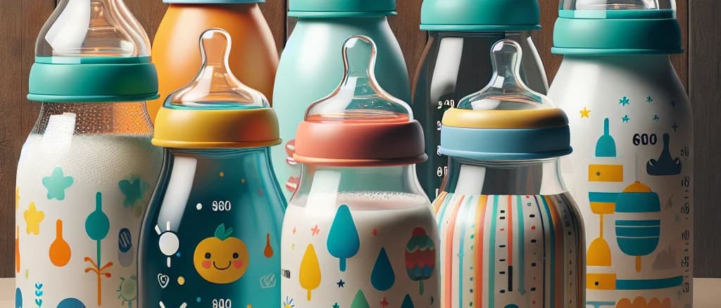 Assorted baby bottles with different designs and colors on a wooden surface