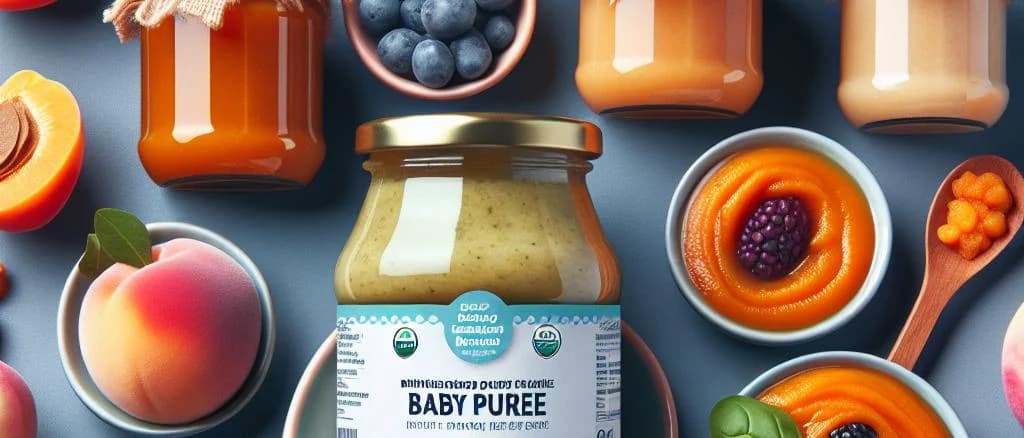 assorted baby puree jars with various fruit and vegetable flavors