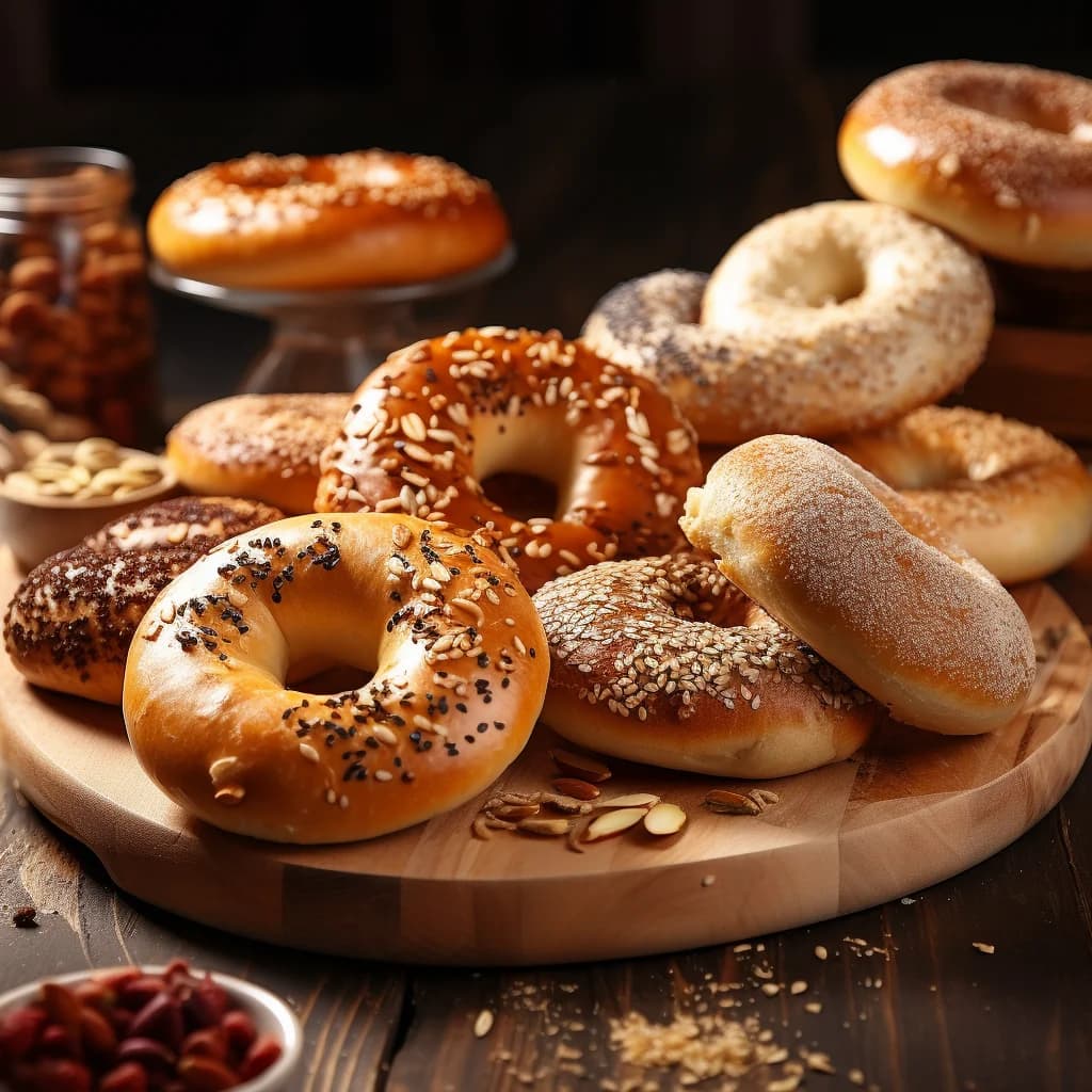 Assorted bagels with varied toppings set against a rustic wooden background