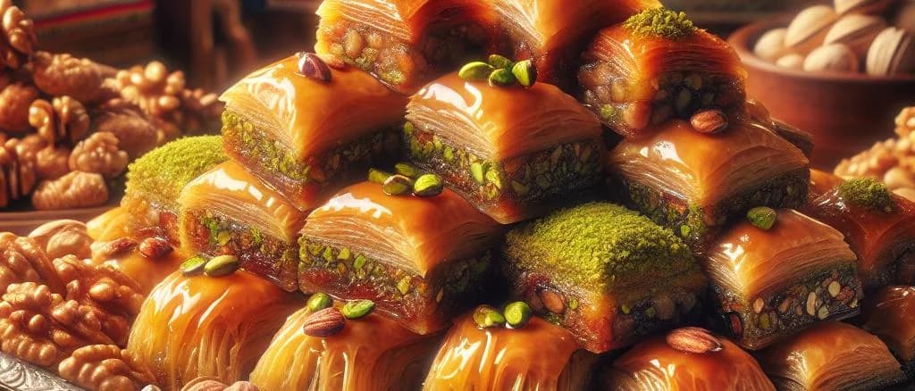 Assorted Baklava pastries with various fillings and shapes on a decorative platter