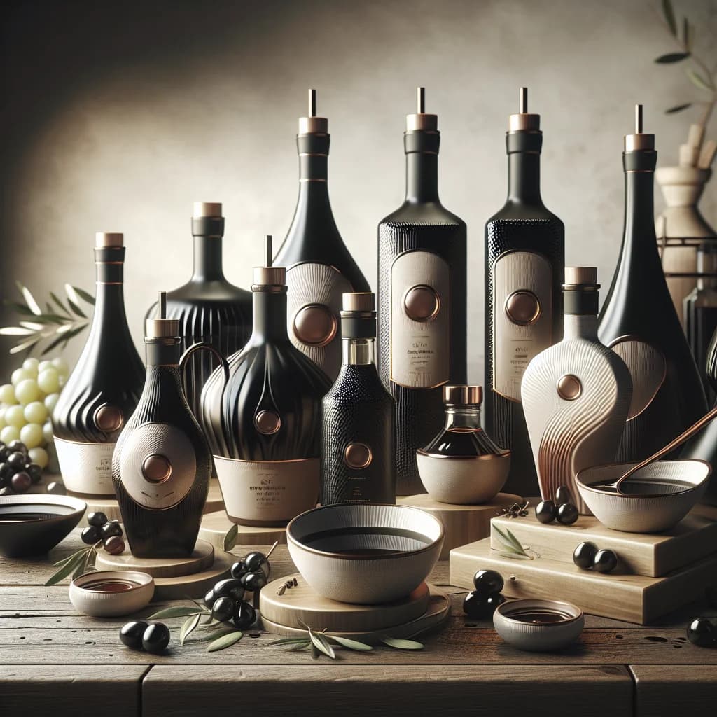 assorted balsamic vinegar bottles with elegant packaging on a wooden countertop
