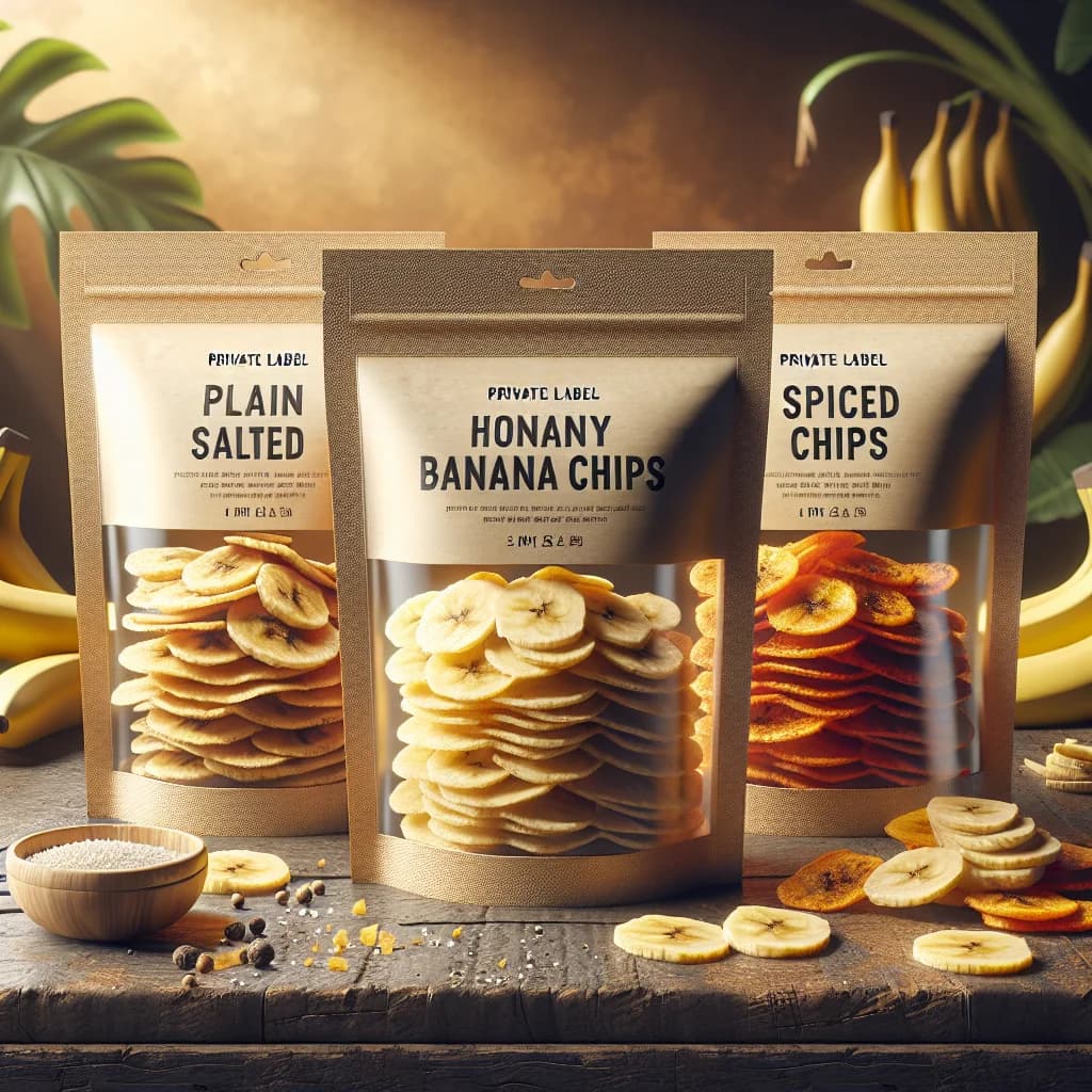 Assorted banana chips in clear packaging with rustic wooden background