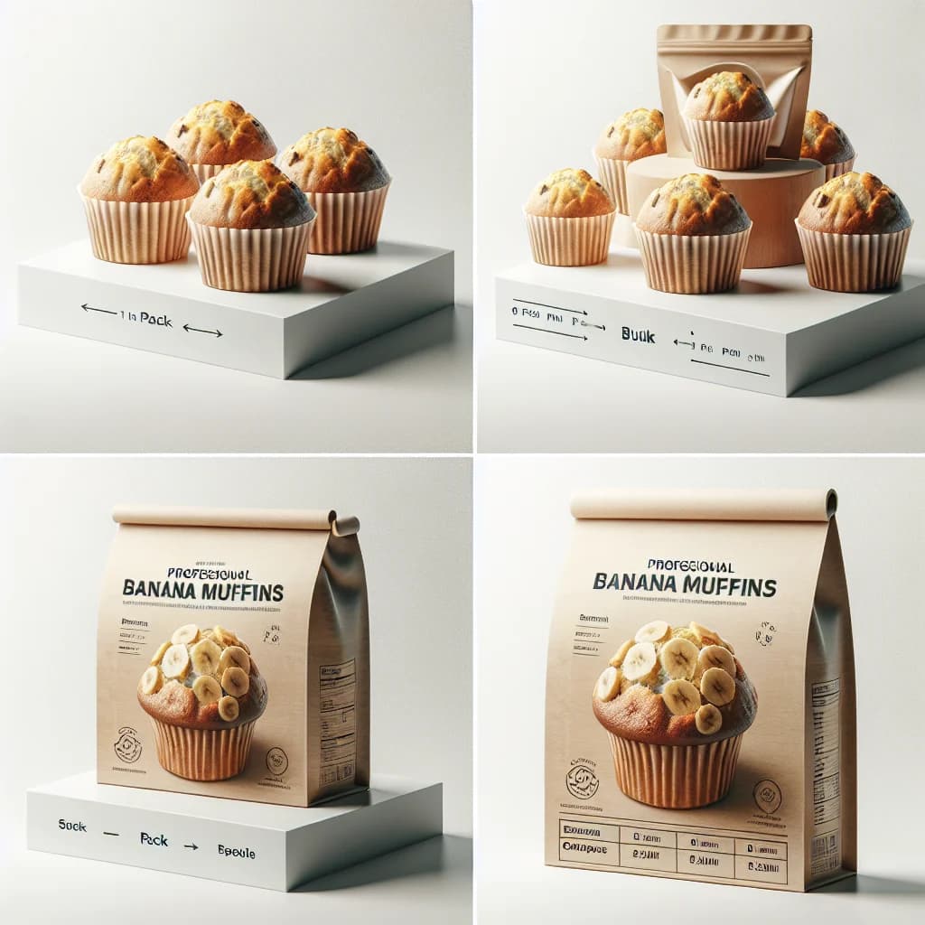 assorted banana muffins in various packaging on a professional display table