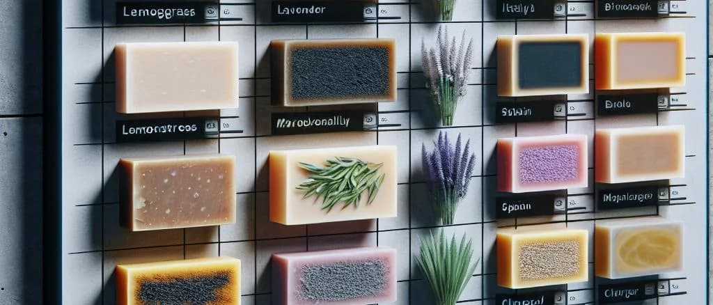 Various artisanal bar soaps with different textures and scents on a wooden background