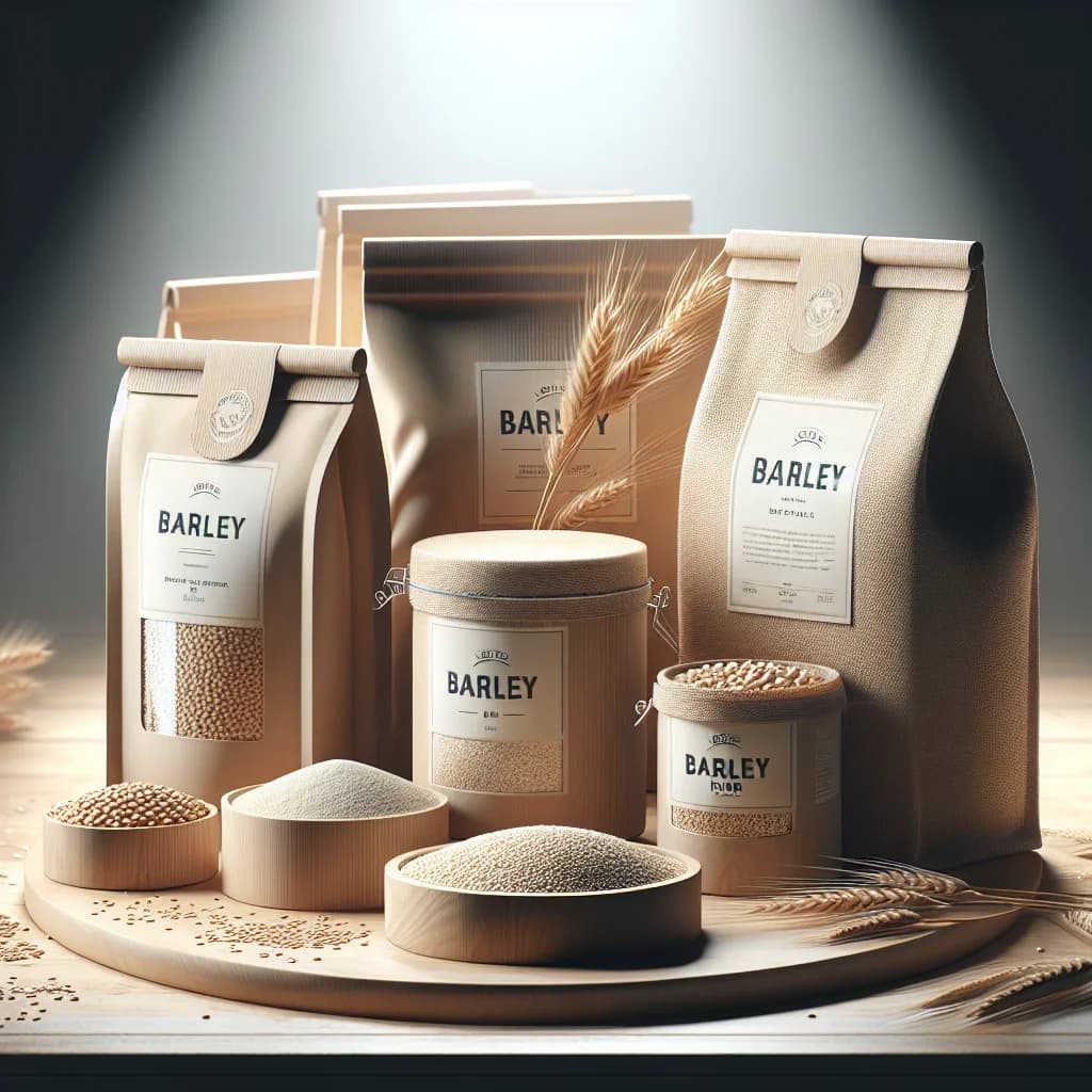 variations of barley products in eco-friendly packaging, including pearl barley, barley flour, and barley groats, displayed on a clean wooden surface with a natural background