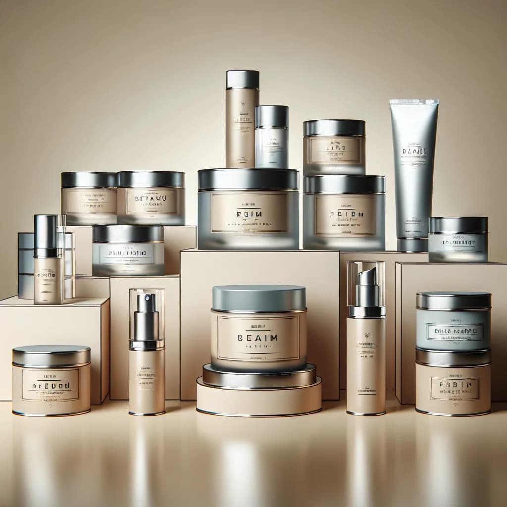 luxury beauty cream jars in elegant packaging with neutral-toned background