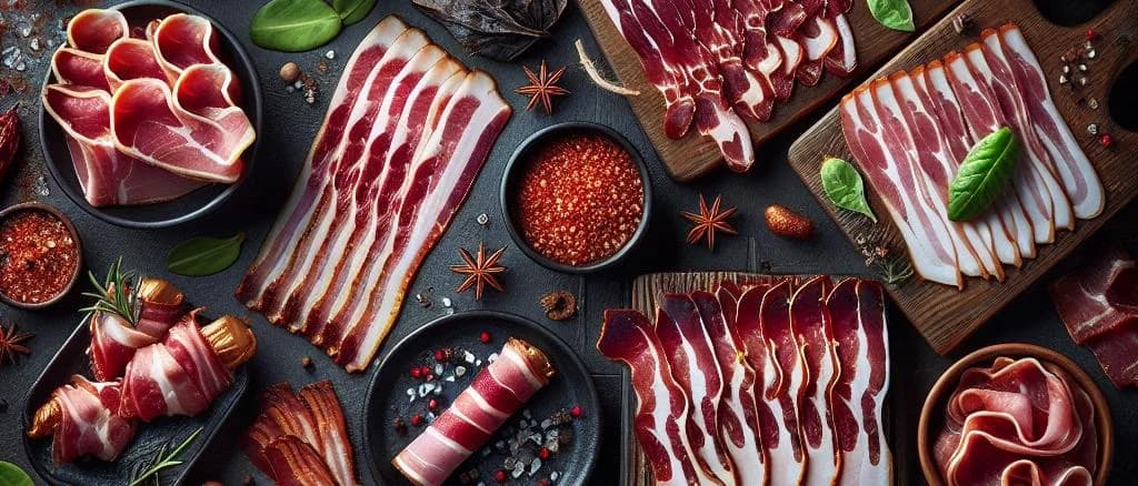 Assorted beef bacon strips on wooden cutting boards with various packaging styles and flavors displayed in a neutral background