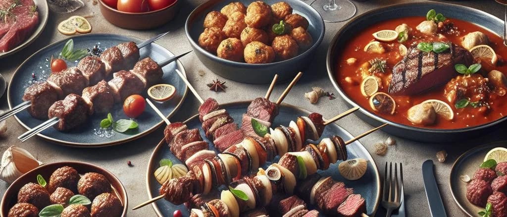 Various beef preparation options including marinated steaks, minced beef, and seasoned meatballs on a wooden board with fresh herbs