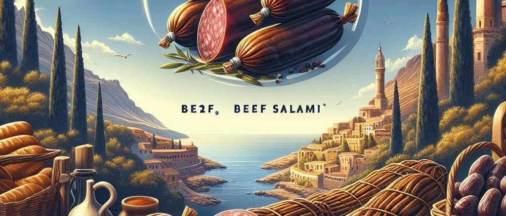 Premium beef salami varieties with diverse packaging on wooden background