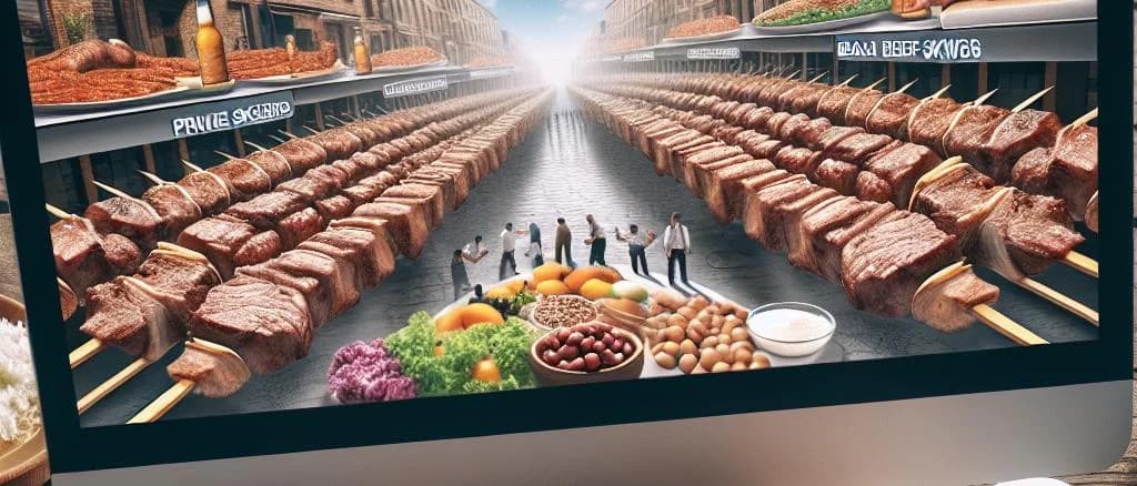 Various beef skewers with different marinades and garnishes against a rustic wooden background