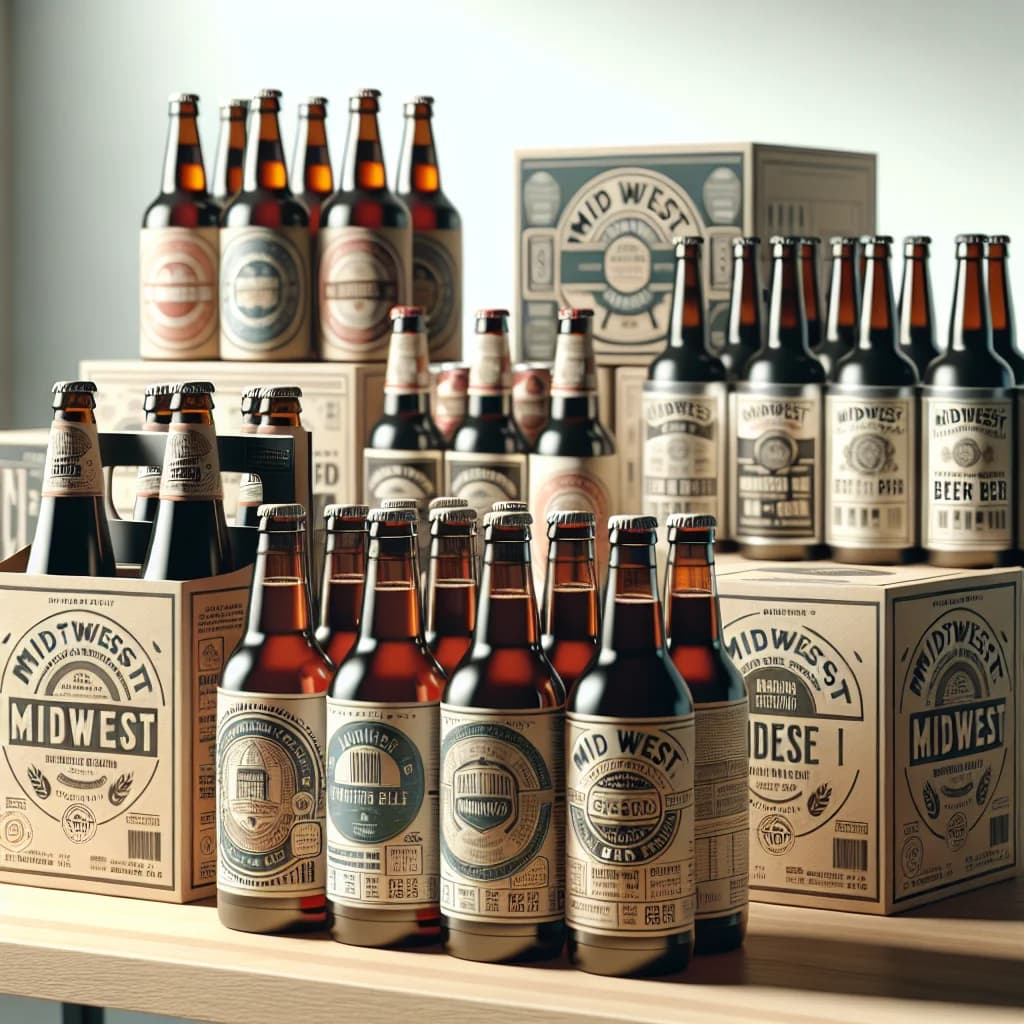 variety of Beer Midwest bottles and cans with clean labels on a wooden background