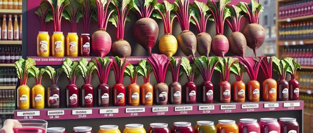 Varied beetroot juice bottles in different packaging on a wooden table