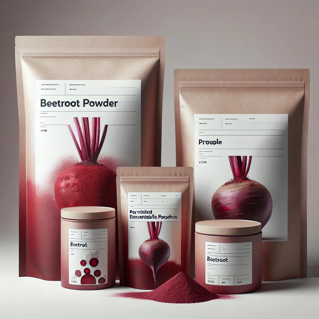 packaging variations of beetroot powder in bulk and private label options against a neutral background
