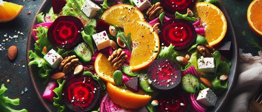Various beet salads with diverse ingredients displayed against a neutral background