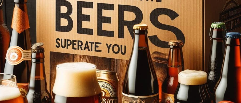 Various Belgian beer bottles and glasses with diverse packaging on a wooden table