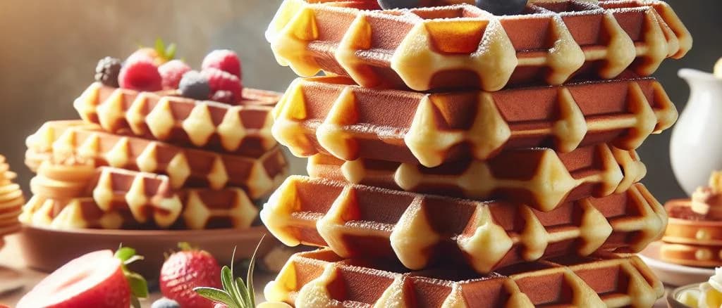 Variety of Belgian waffles with different toppings and packaging