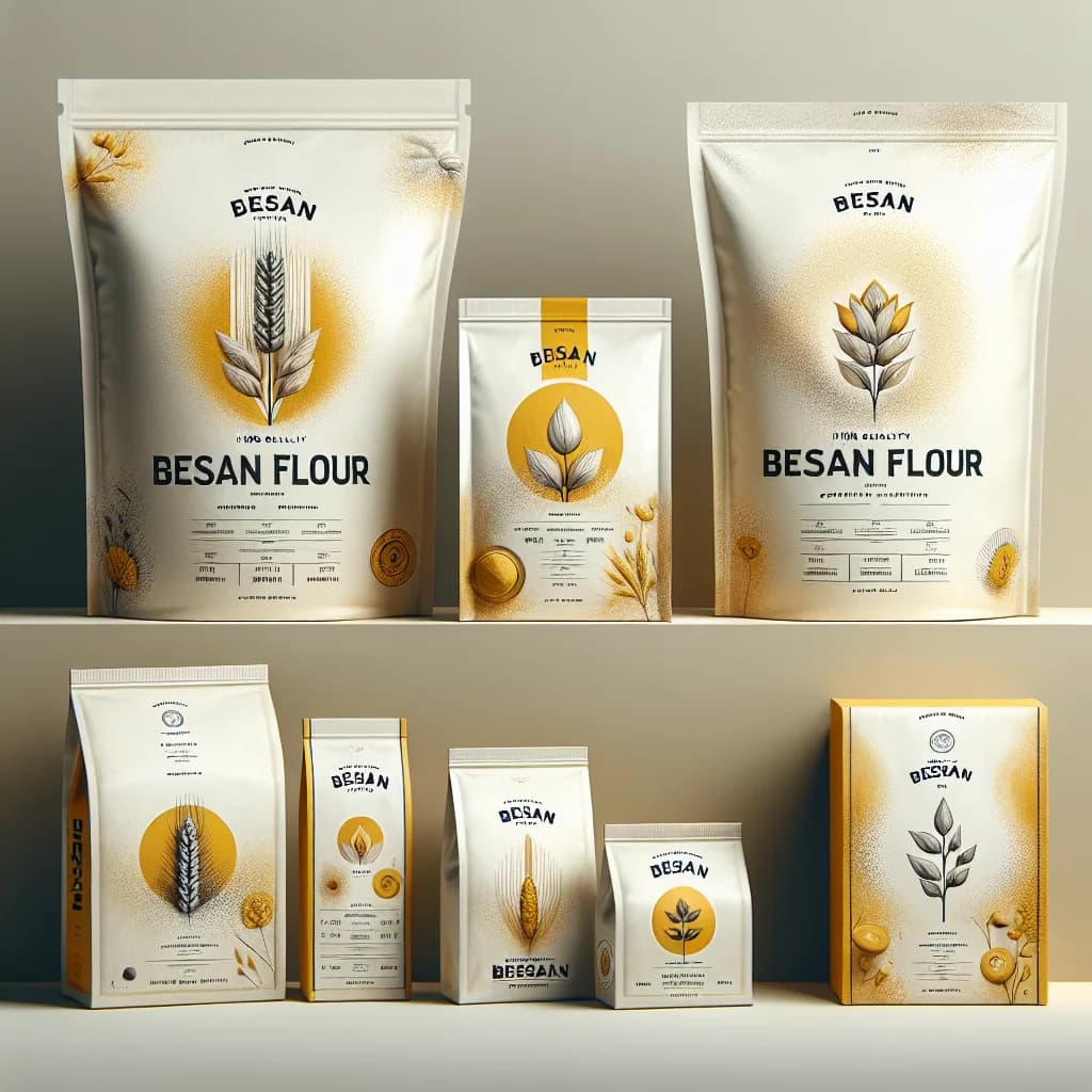 Premium Besan Flour packaging in various sizes for B2B wholesale and bulk supply, displayed on a neutral kitchen countertop.