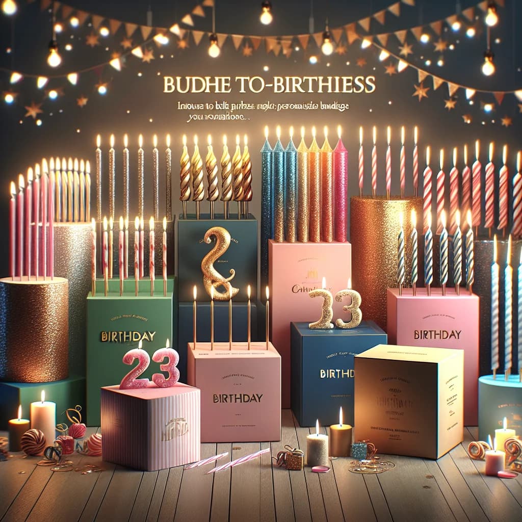 colorful birthday candles with different designs and packaging on a festive backdrop