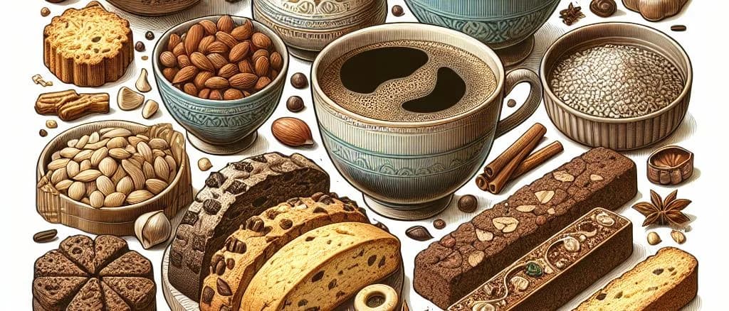 Selection of artisanal biscotti with various flavors and packaging on wooden background