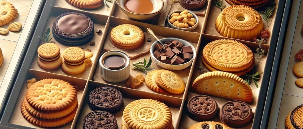 Assorted biscuits in various packaging on a wooden table