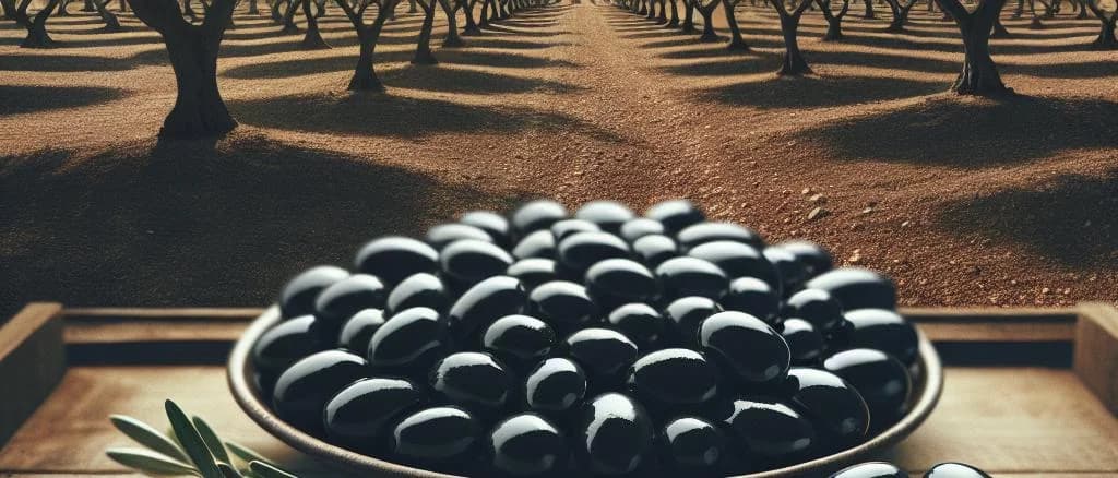 Assorted black olives with varied packaging on a wooden table