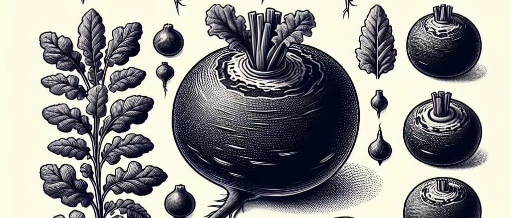 black radishes arranged with diverse packaging options on rustic wooden background