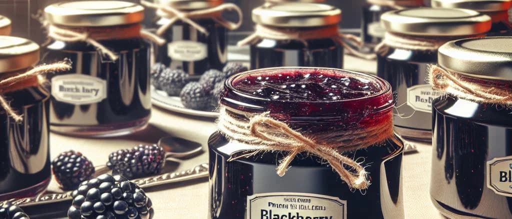 Variety of blackberry jams in different packaging on a rustic wooden background