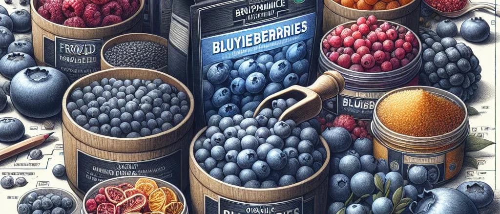 Assorted blueberry packaging variations on a natural background