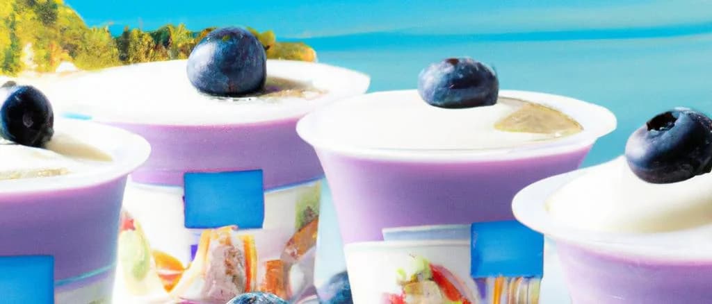 Various blueberry yogurt containers on a rustic wooden table
