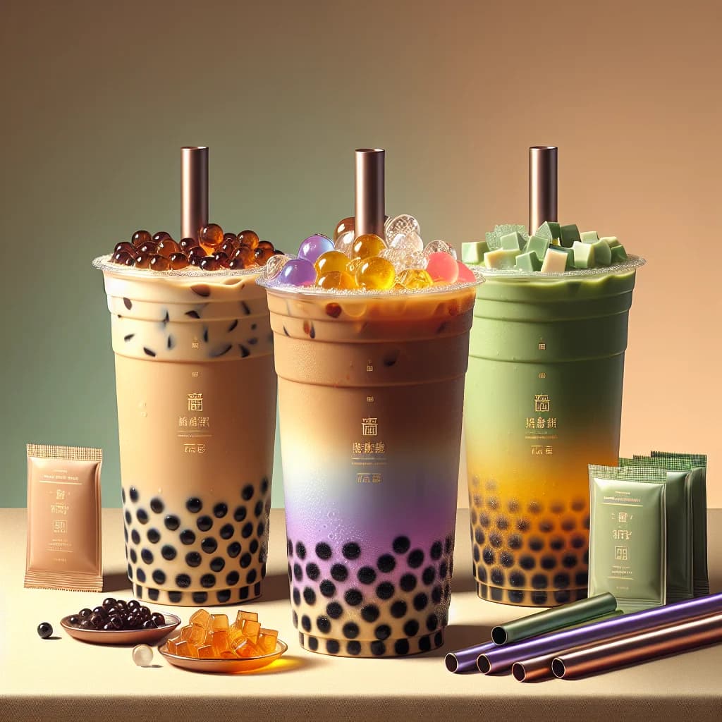 assorted boba tea drinks with various flavors and toppings on a minimalist background
